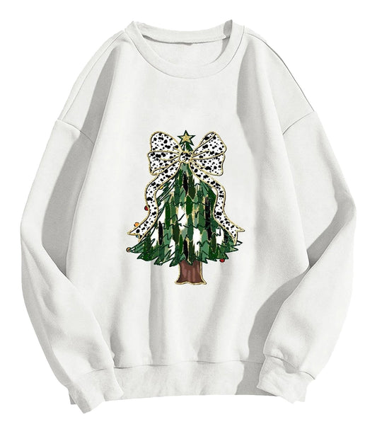 Cozy white women's Christmas tree sweatshirt featuring a festive tree with a bow design