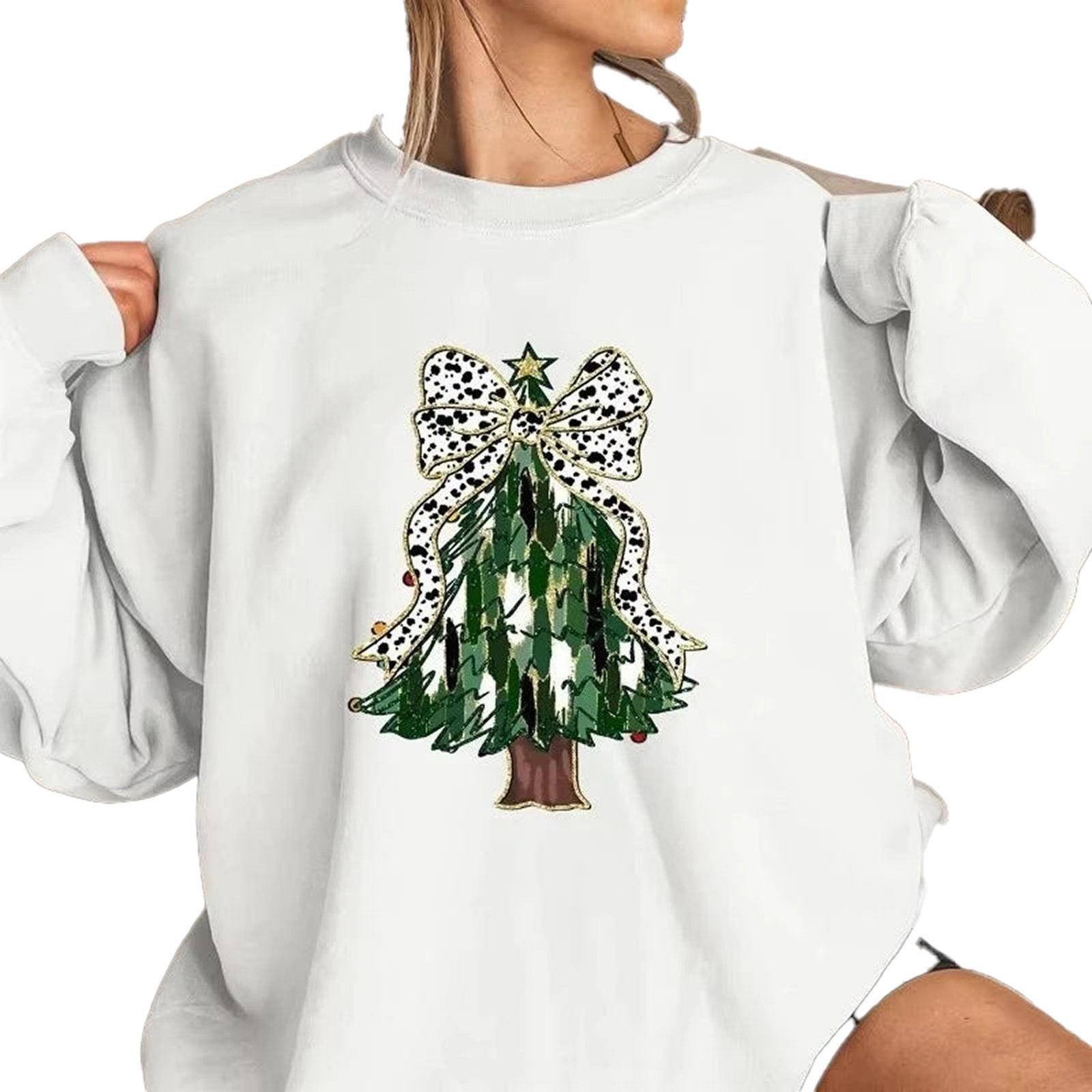 Women's Christmas tree sweatshirt featuring a festive tree design with a bow on a cozy fabric