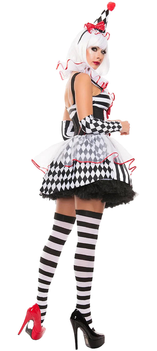 Women's clown costume Halloween with striped details and playful accessories for festive occasions