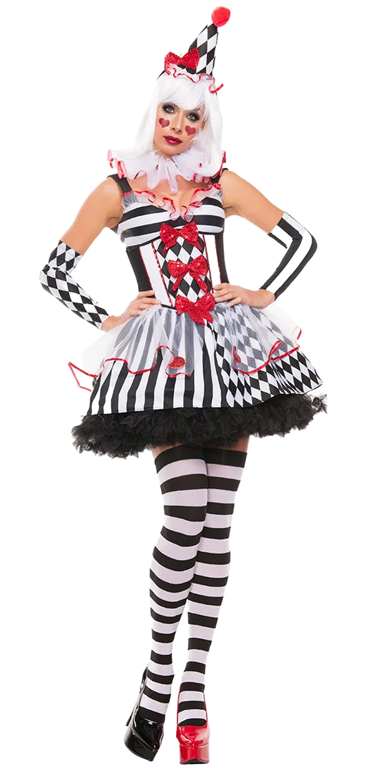 Women's clown costume Halloween featuring a playful checkered design with ruffles and accessories