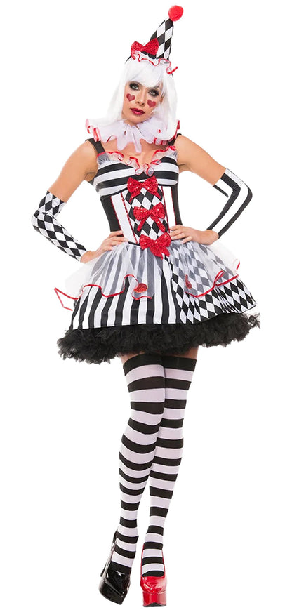 Women's clown costume Halloween featuring a playful checkered design with ruffles and accessories