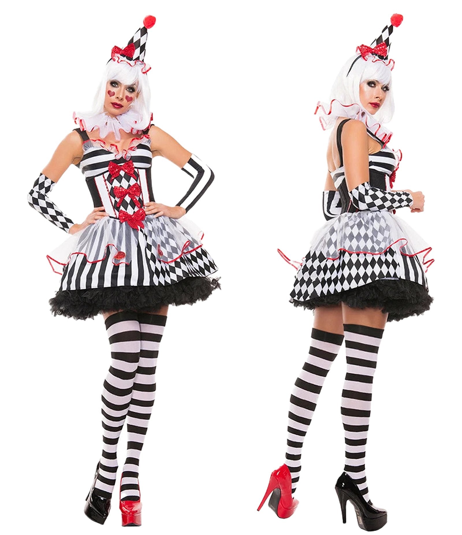 Women's clown costume Halloween featuring a striped dress, gloves, and matching stockings