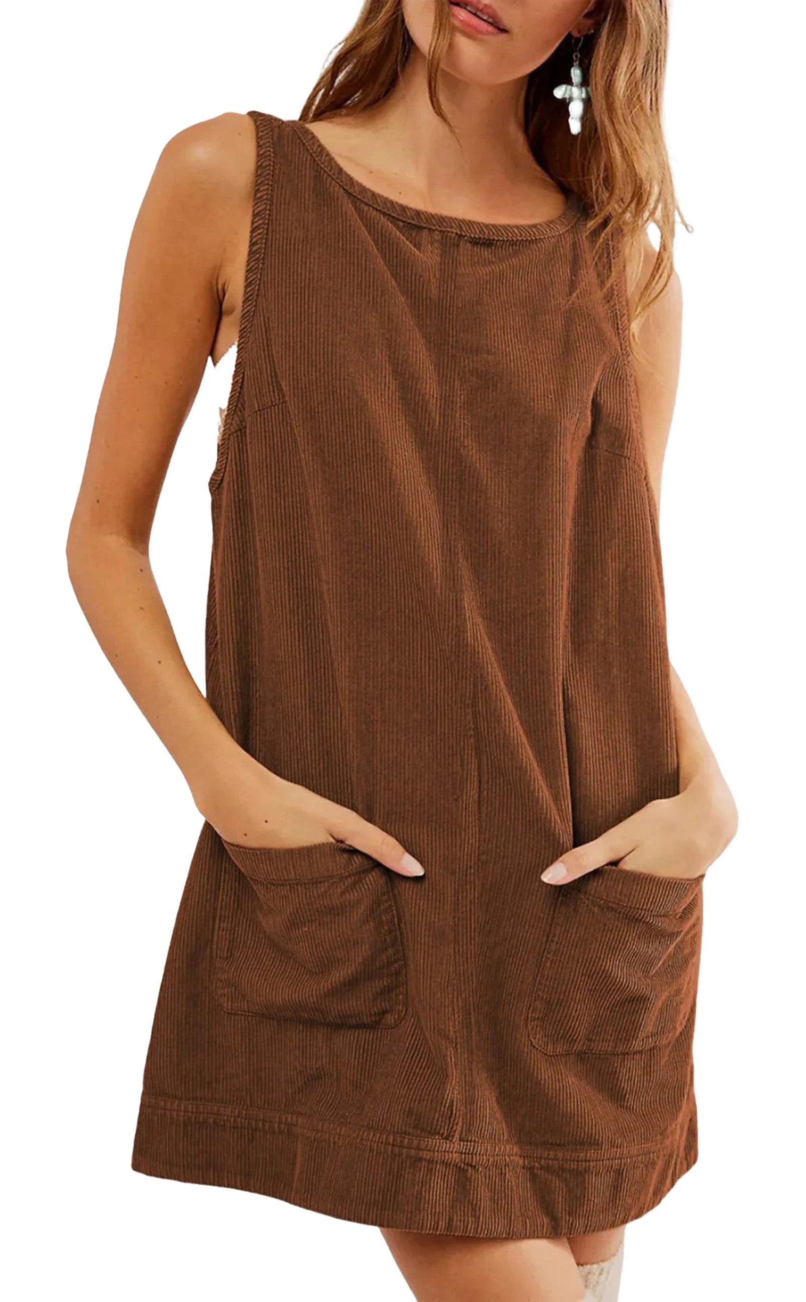 Brown women's corduroy pinafore dress with pockets for stylish everyday wear