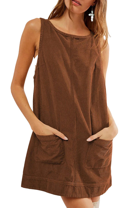 Brown women's corduroy pinafore dress with pockets for stylish everyday wear