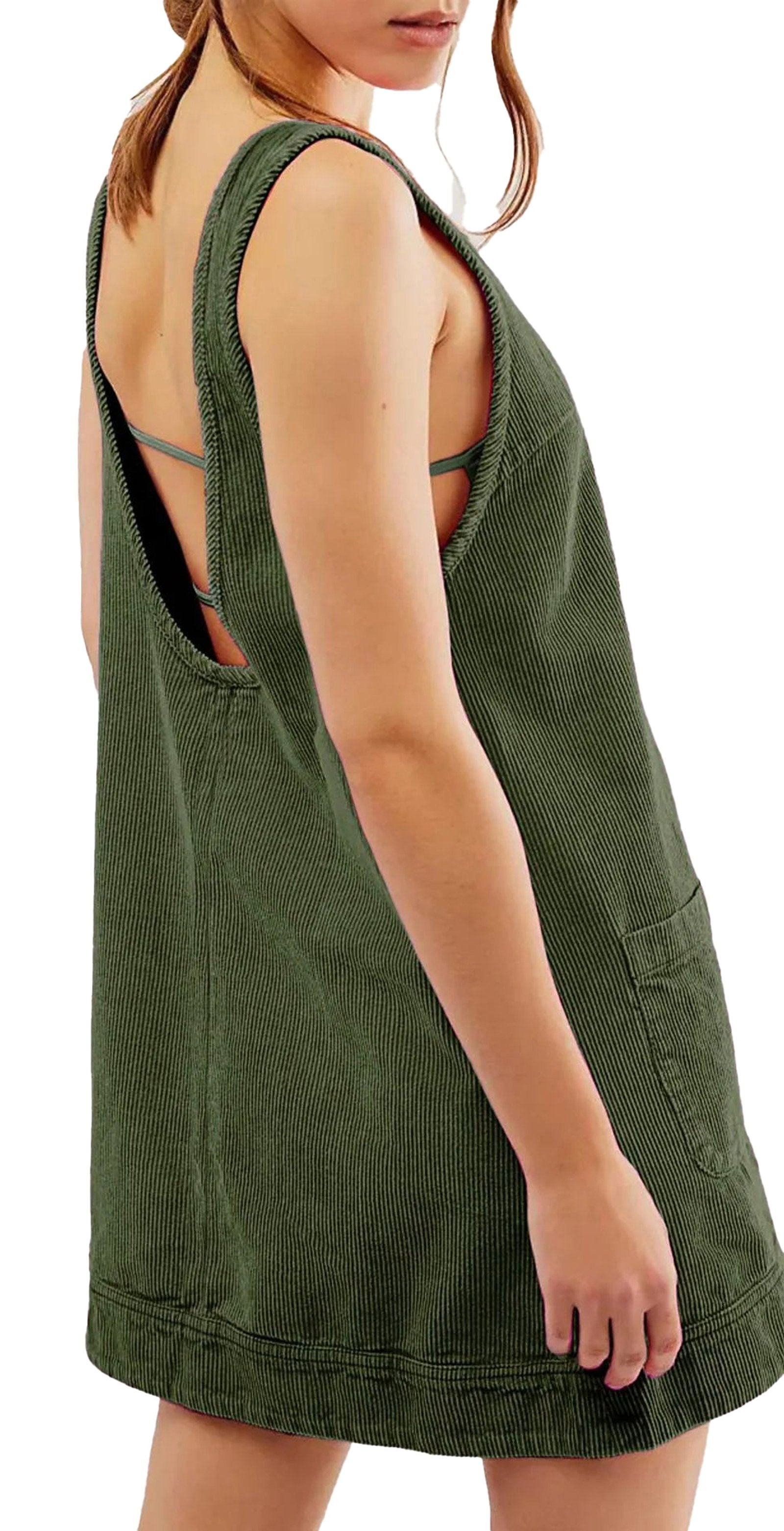 Women's corduroy pinafore dress in green with an open back and pocket for a stylish look