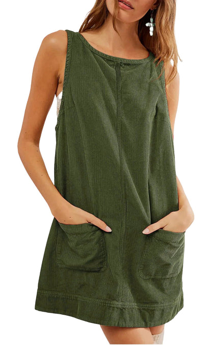 Women's corduroy pinafore dress in olive green with front pockets for a casual look