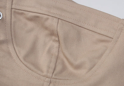 Beige women's corset crop top with structured design and elegant stitching details