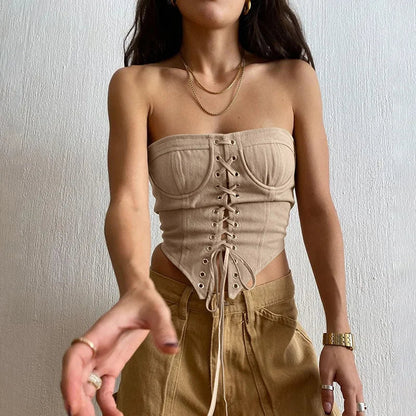 Beige women's corset crop top with lace-up front and strapless design for stylish outfits