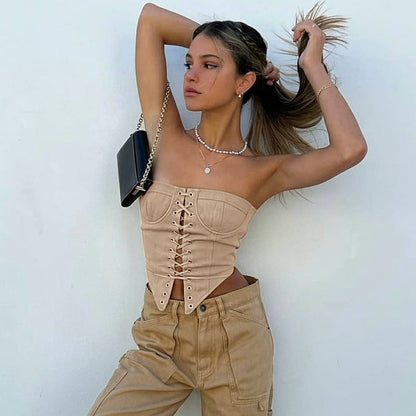 Stylish women's corset crop top in beige with adjustable lace-up front for a trendy look