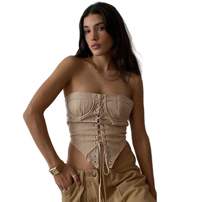 Stylish women's corset crop top in beige featuring lace-up front and fitted design