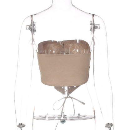 Beige women's corset crop top with adjustable lace-up back for a fitted look