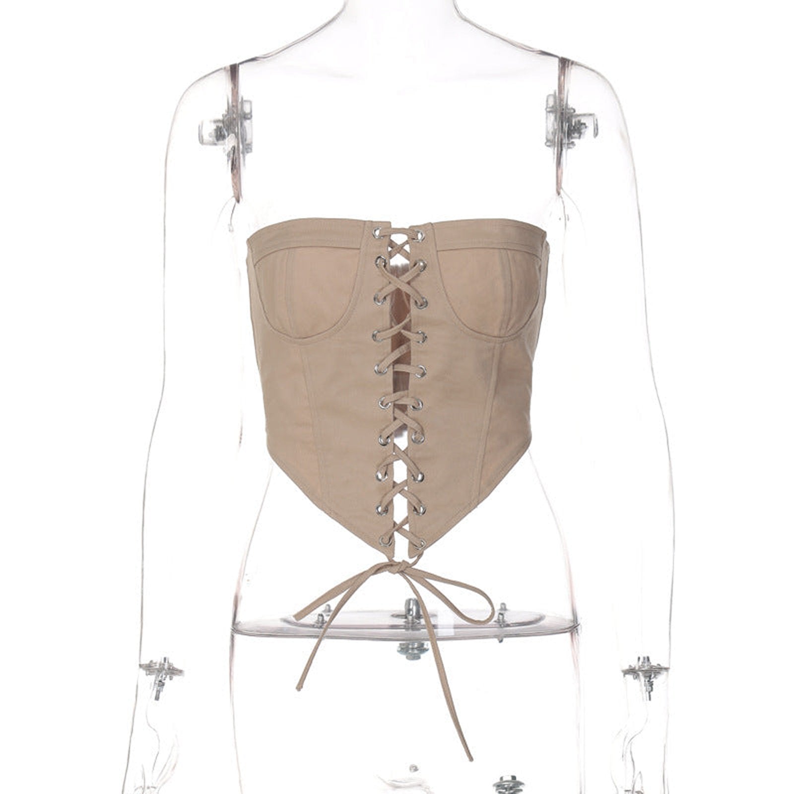 Beige women's corset crop top with lace-up front and adjustable tie for a stylish fit