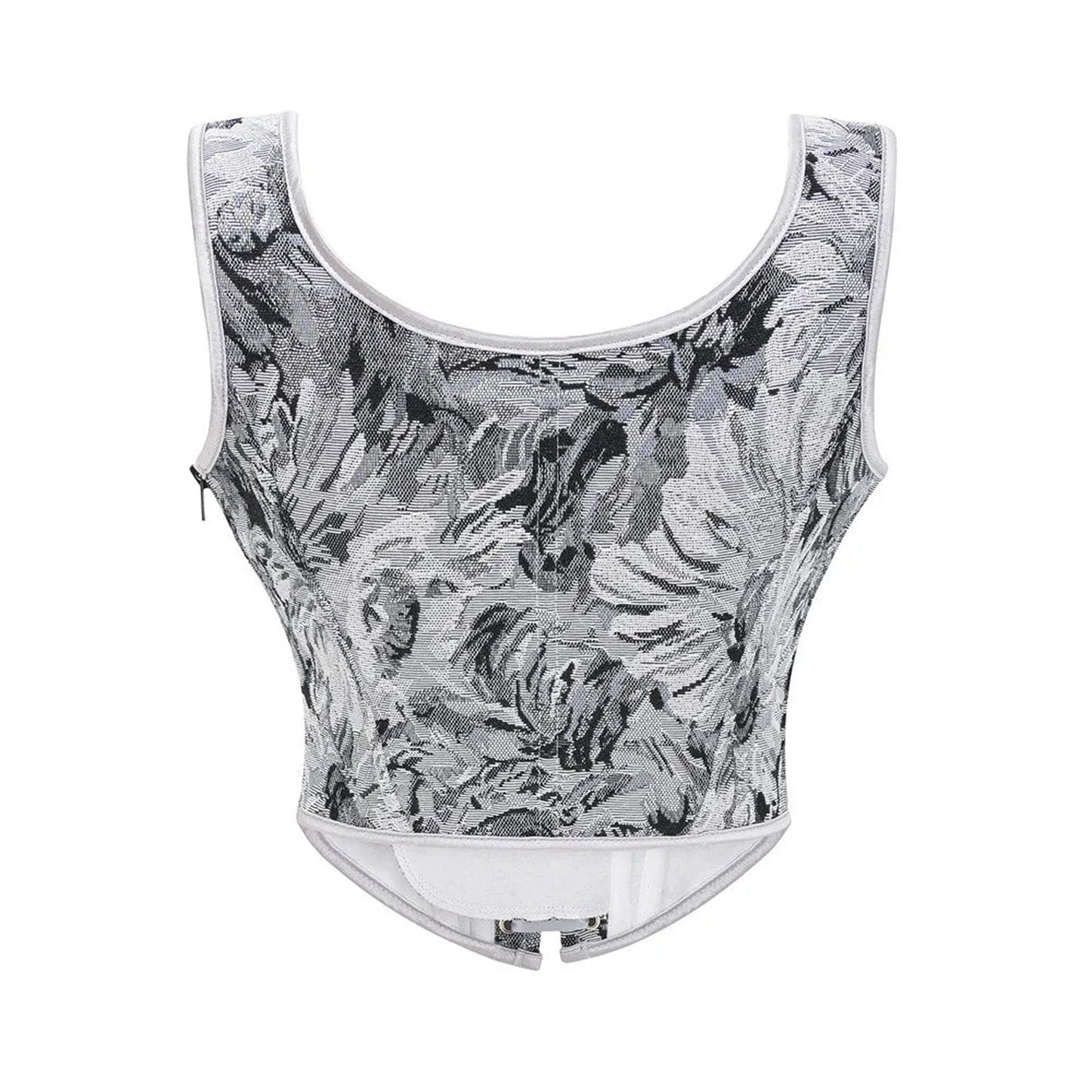 Elegant women's corset top in black and silver floral design with a fitted silhouette