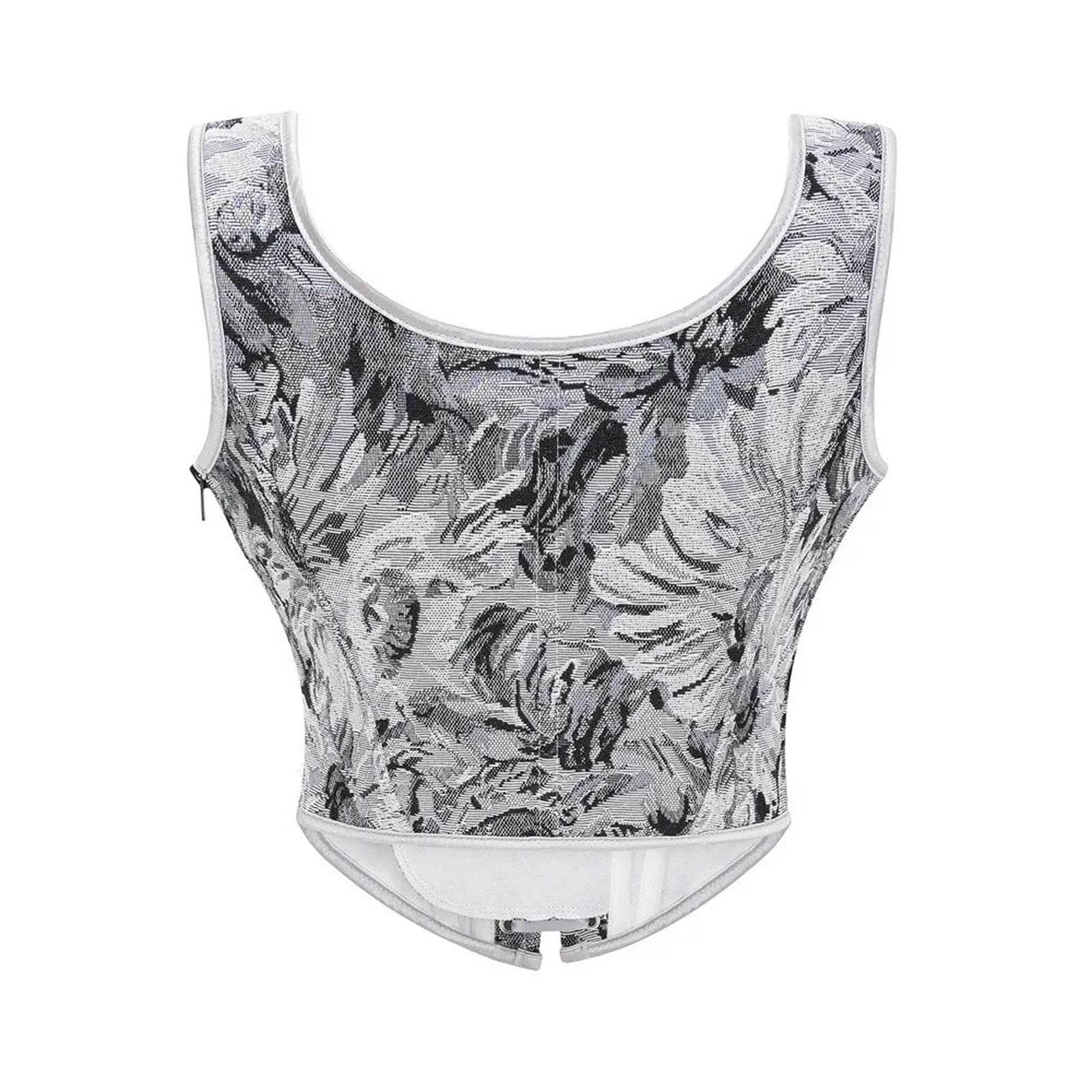 Elegant women's corset top in black and silver floral design with a fitted silhouette