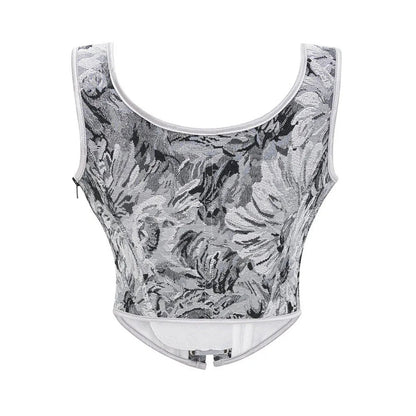 Elegant women's corset top in black and silver floral design with a fitted silhouette