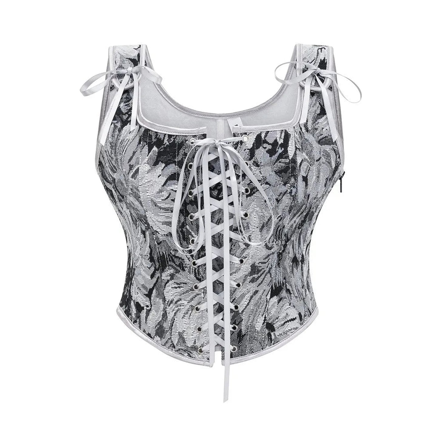 LuckeLadybug LLC women's corset top with floral design and adjustable ties for a stylish fit