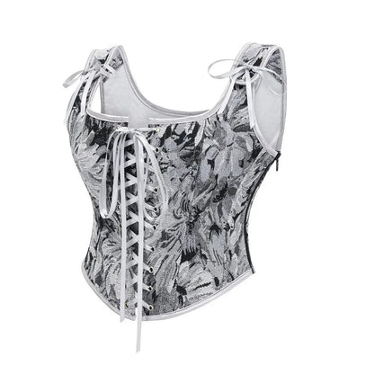 LuckeLadybug women's corset top in silver floral design with adjustable ties and lace-up front