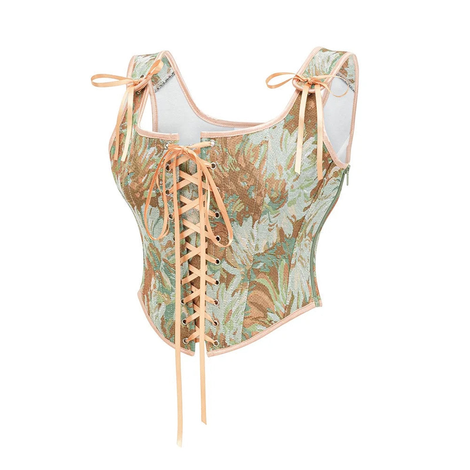 LuckeLadybug LLC women's corset top with floral pattern and lace-up front for a stylish look