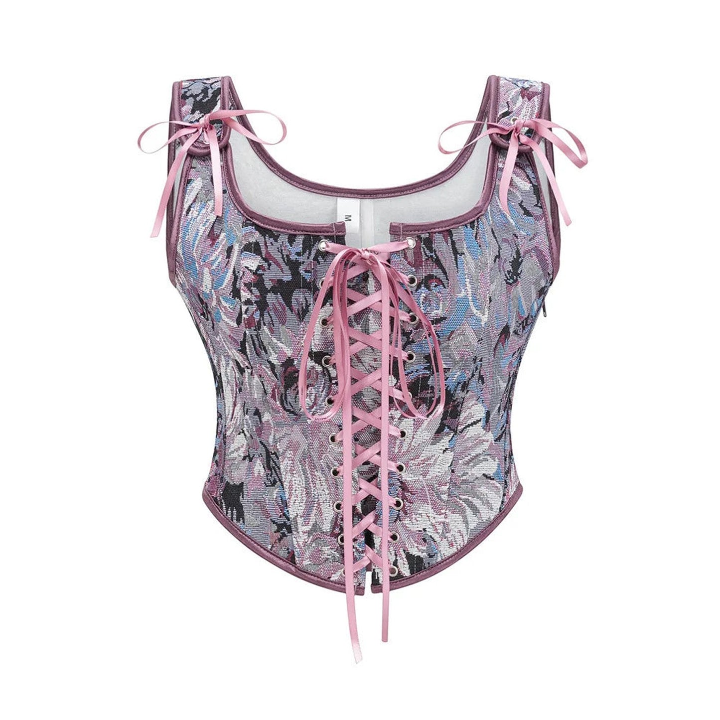 LuckeLadybug women's corset top featuring floral design and pink ribbon lacing for a stylish look