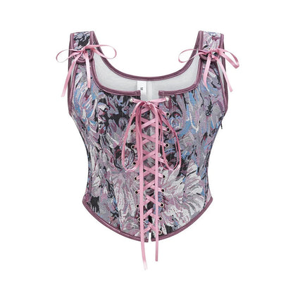 LuckeLadybug women's corset top featuring floral design and pink ribbon lacing for a stylish look