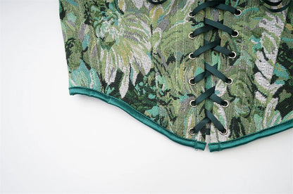 LuckeLadybug LLC women's corset top with floral print and lace-up design for a stylish look