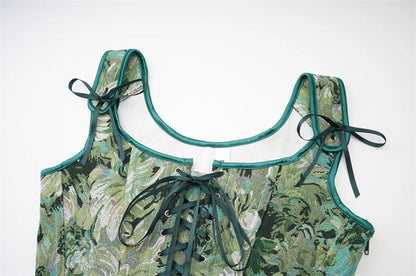 LuckeLadybug LLC women's corset top in green floral design with lace-up front and adjustable shoulder ties