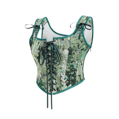LuckeLadybug LLC women's corset top in green floral print with adjustable lace-up details