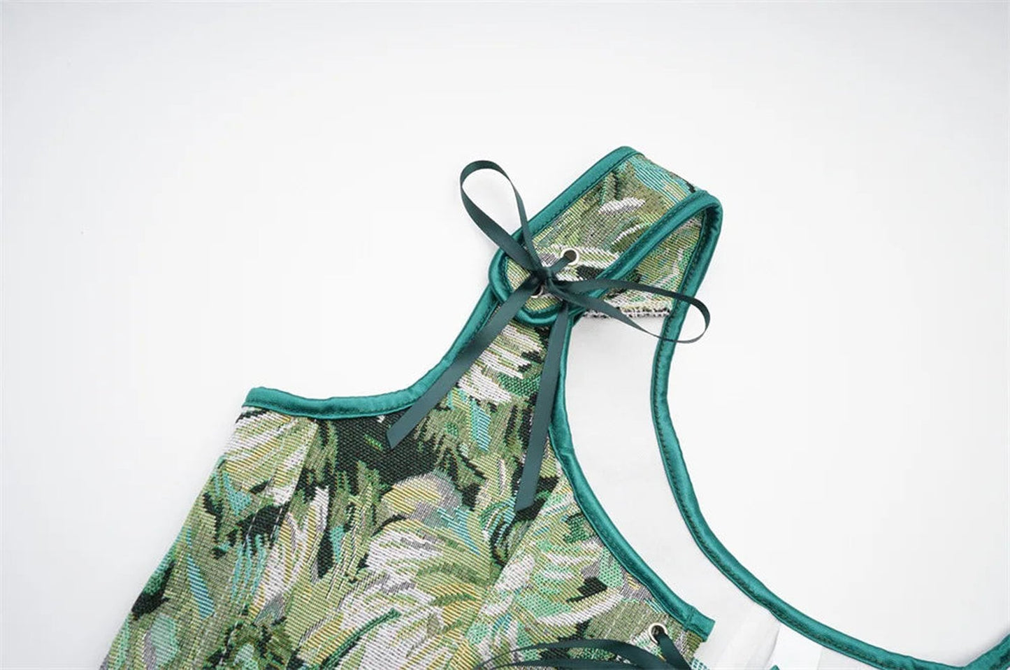 LuckeLadybug LLC Women's Corset Top with Tropical Leaf Print and Adjustable Shoulder Straps