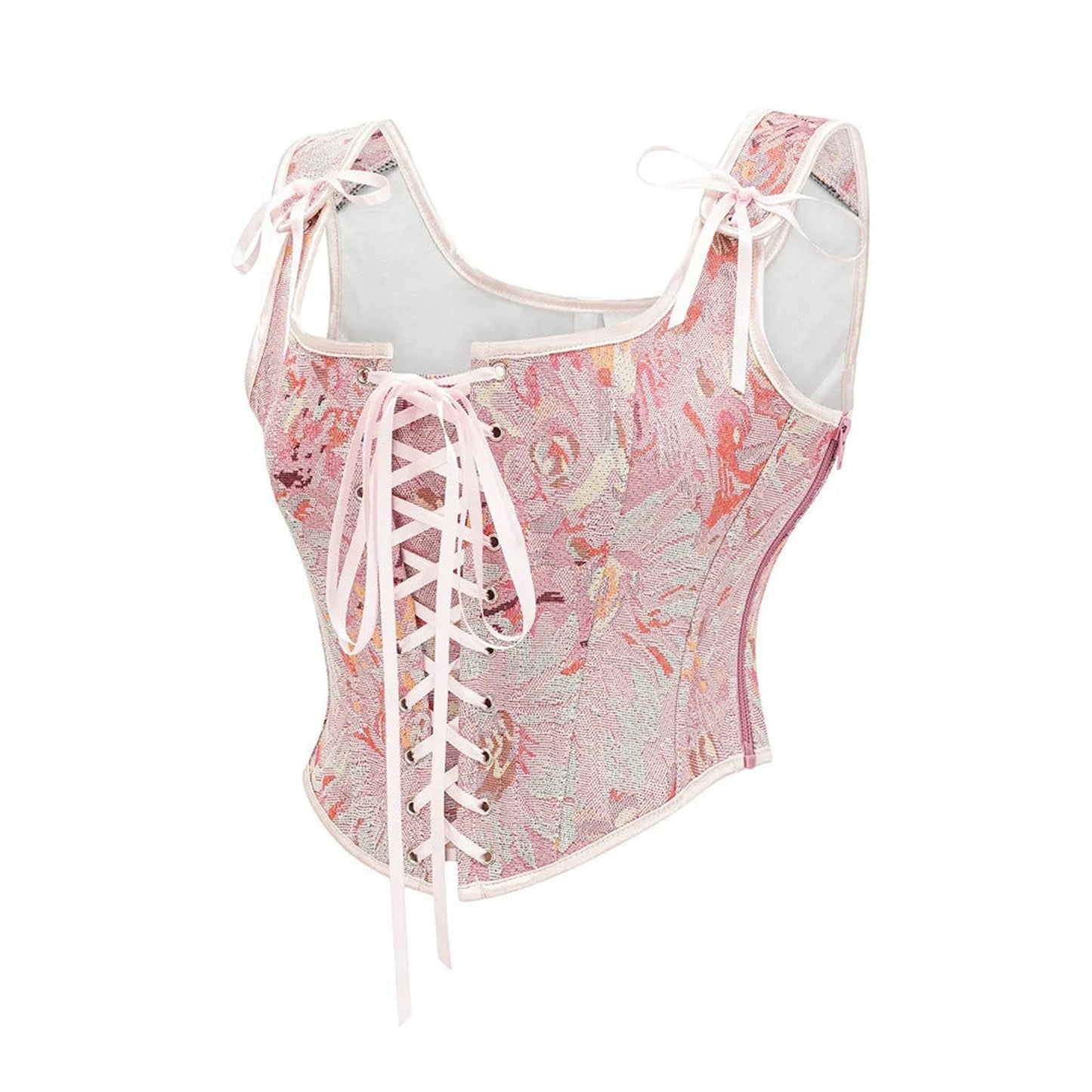 LuckeLadybug LLC women's corset top in floral pattern with lace-up front and adjustable straps