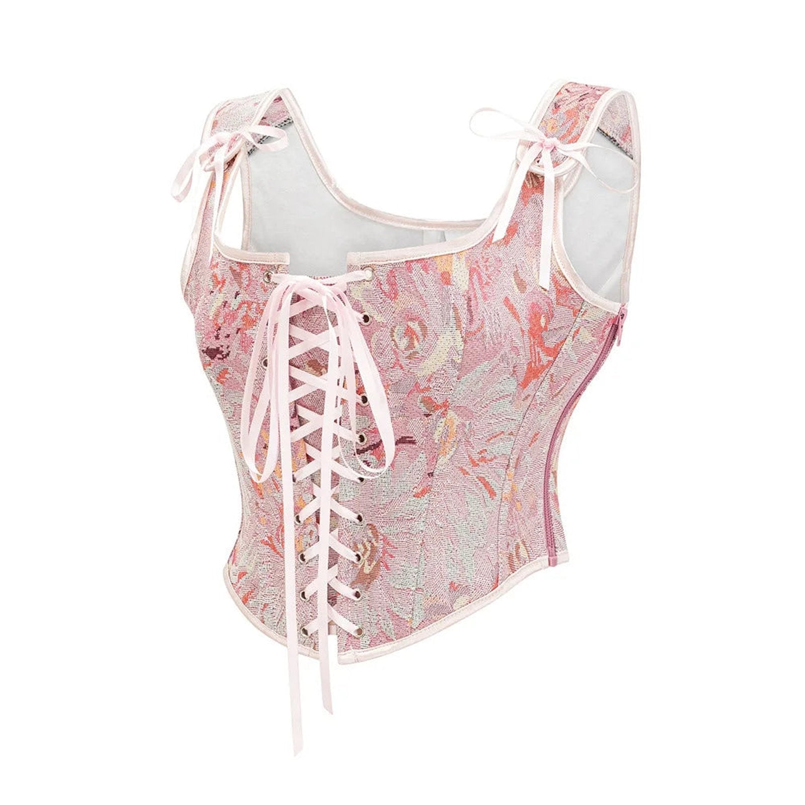 LuckeLadybug LLC women's corset top in floral pattern with lace-up front and adjustable straps