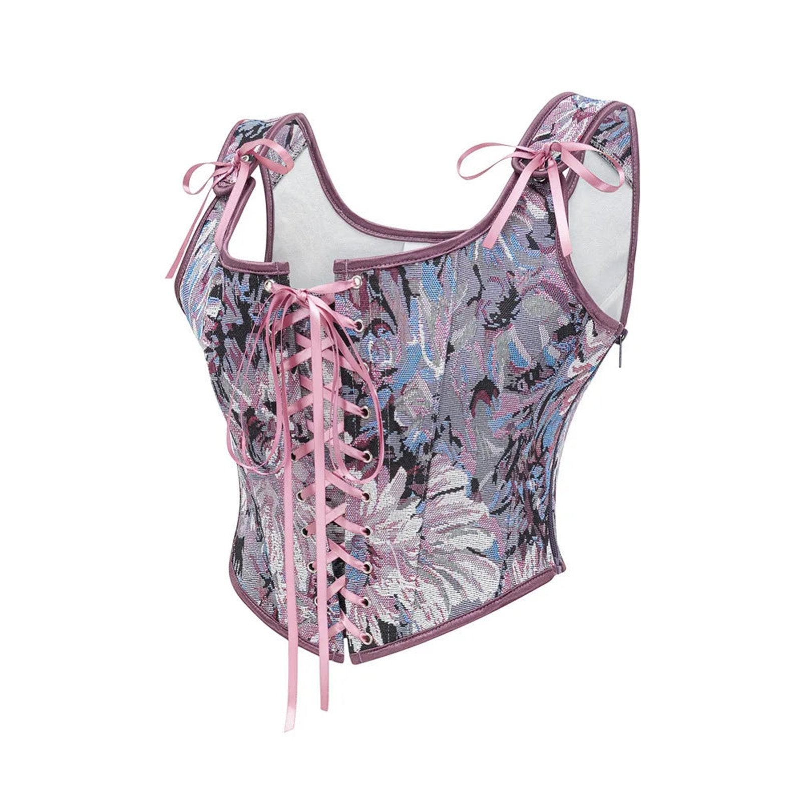 Elegant women's corset top with floral print and ribbon ties for stylish layering