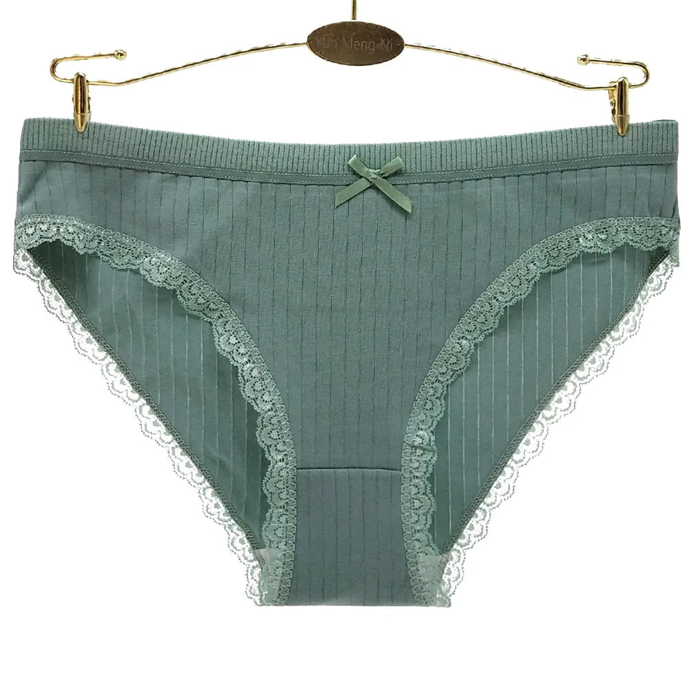Women's cotton hipster underwear in mint green with lace trim and bow detail