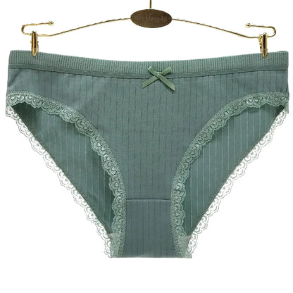 Women's cotton hipster underwear in mint green with lace trim and bow detail