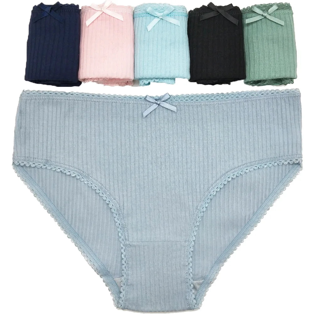 Women's cotton hipster underwear in various colors with lace trim and cute bows for comfort and style