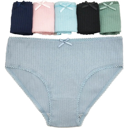 Women's cotton hipster underwear in various colors with lace trim and cute bows for comfort and style