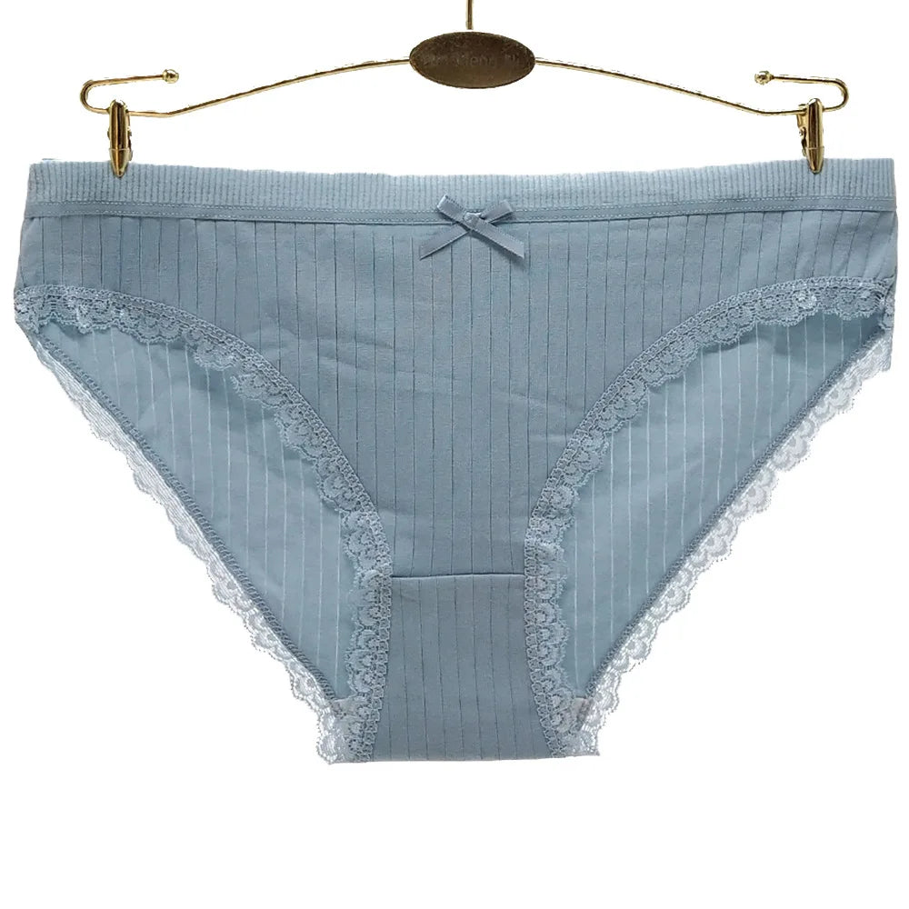 Light blue women's cotton hipster underwear with lace trim and bow detail