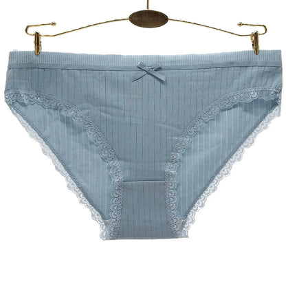 Light blue women's cotton hipster underwear with lace trim and bow detail