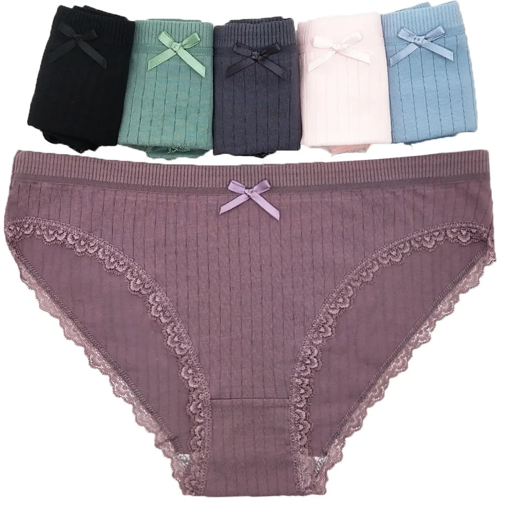 Women's cotton hipster underwear in assorted colors with lace trim and bow detail