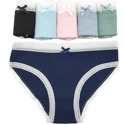 Set of women's cotton hipster underwear in various colors with lace trim and bow detail