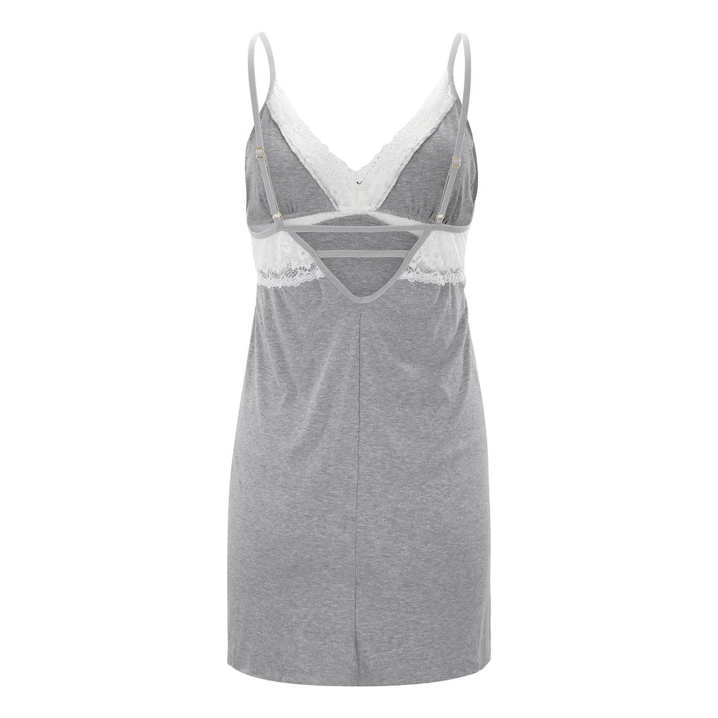 LuckeLadybug women's cotton lace night dress in gray with delicate lace detailing and adjustable straps