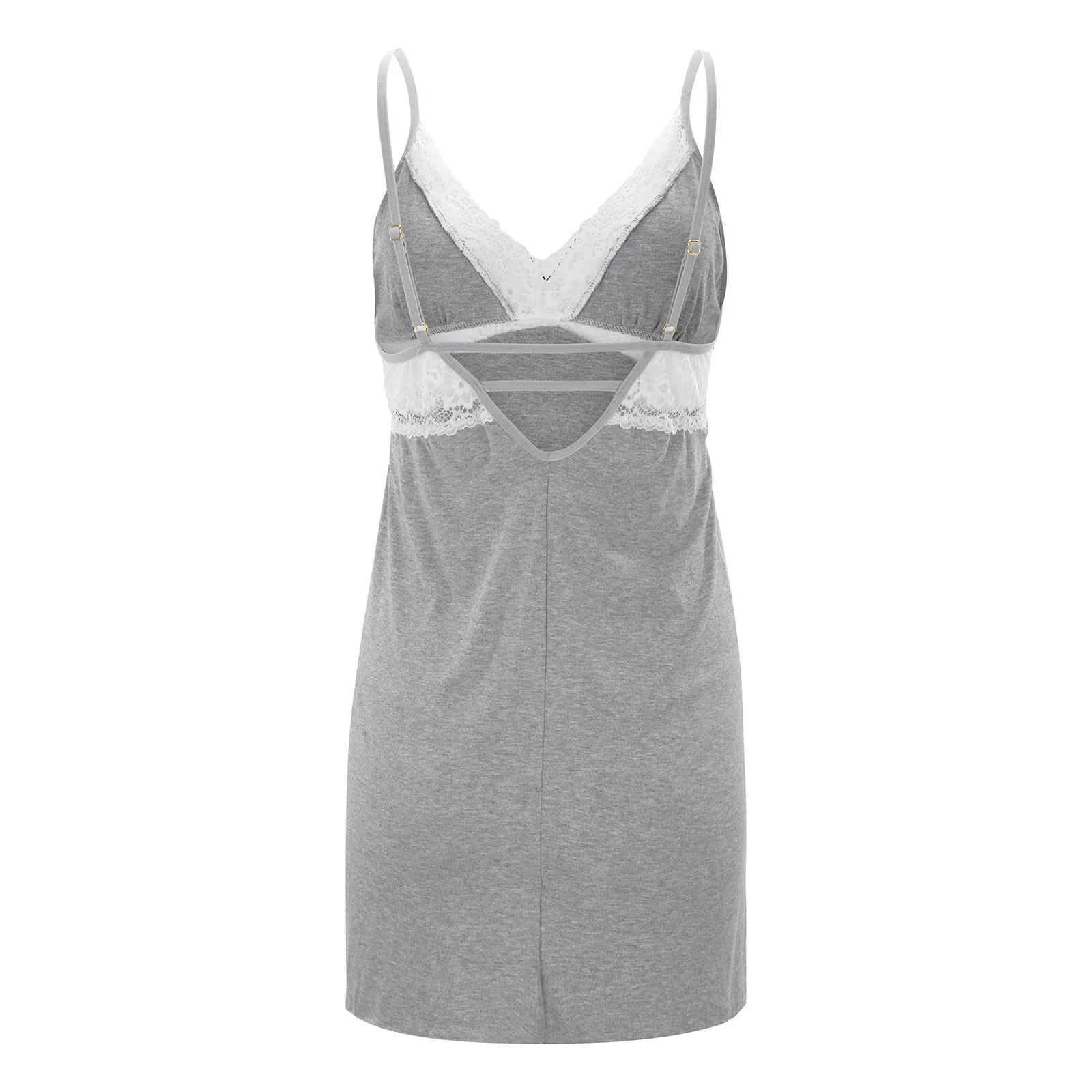 LuckeLadybug women's cotton lace night dress in gray with delicate lace detailing and adjustable straps
