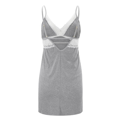 LuckeLadybug women's cotton lace night dress in gray with delicate lace detailing and adjustable straps