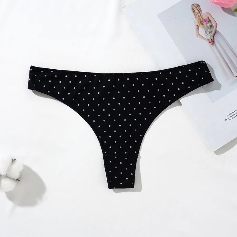 LuckeLadybug LLC women's cotton thong panties in black with white polka dots for comfortable everyday wear