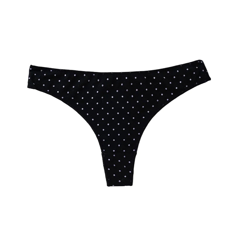 LuckeLadybug women's cotton thong panties in black with polka dot design for everyday comfort