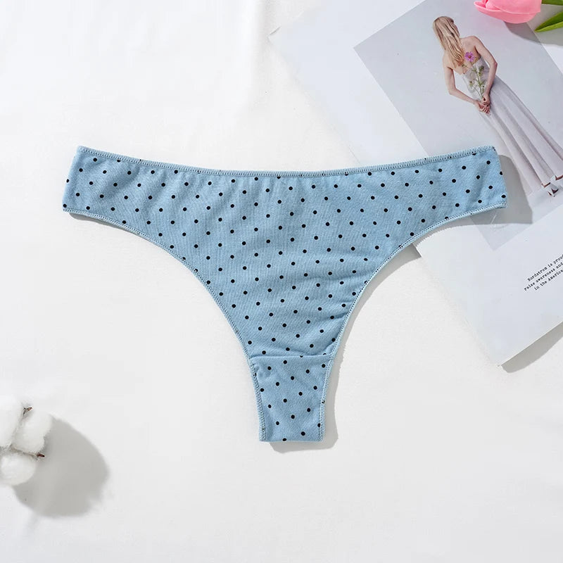 Light blue women's cotton thong panties with black polka dots for comfortable everyday wear