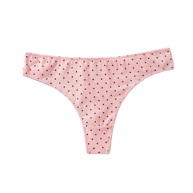 LuckeLadybug LLC women's cotton thong panties in pink with black polka dots for everyday comfort