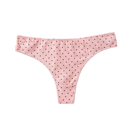LuckeLadybug LLC women's cotton thong panties in pink with black polka dots for everyday comfort
