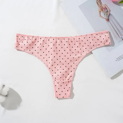 Pink polka dot women's cotton thong panties from LuckeLadybug LLC for everyday comfort