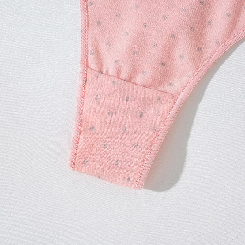 LuckeLadybug women's cotton thong panties in soft pink with grey polka dots for everyday comfort