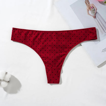 Red women's cotton thong panties with polka dots for everyday comfort and style